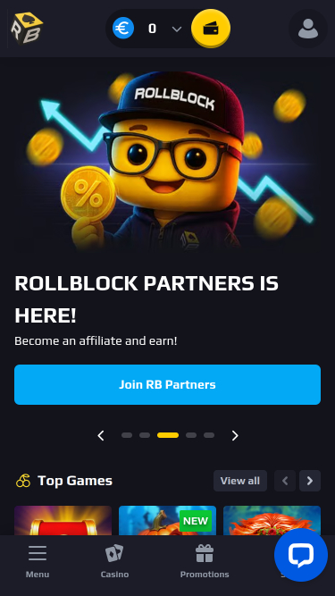 Главная страница мобильного приложения казино RollBlock