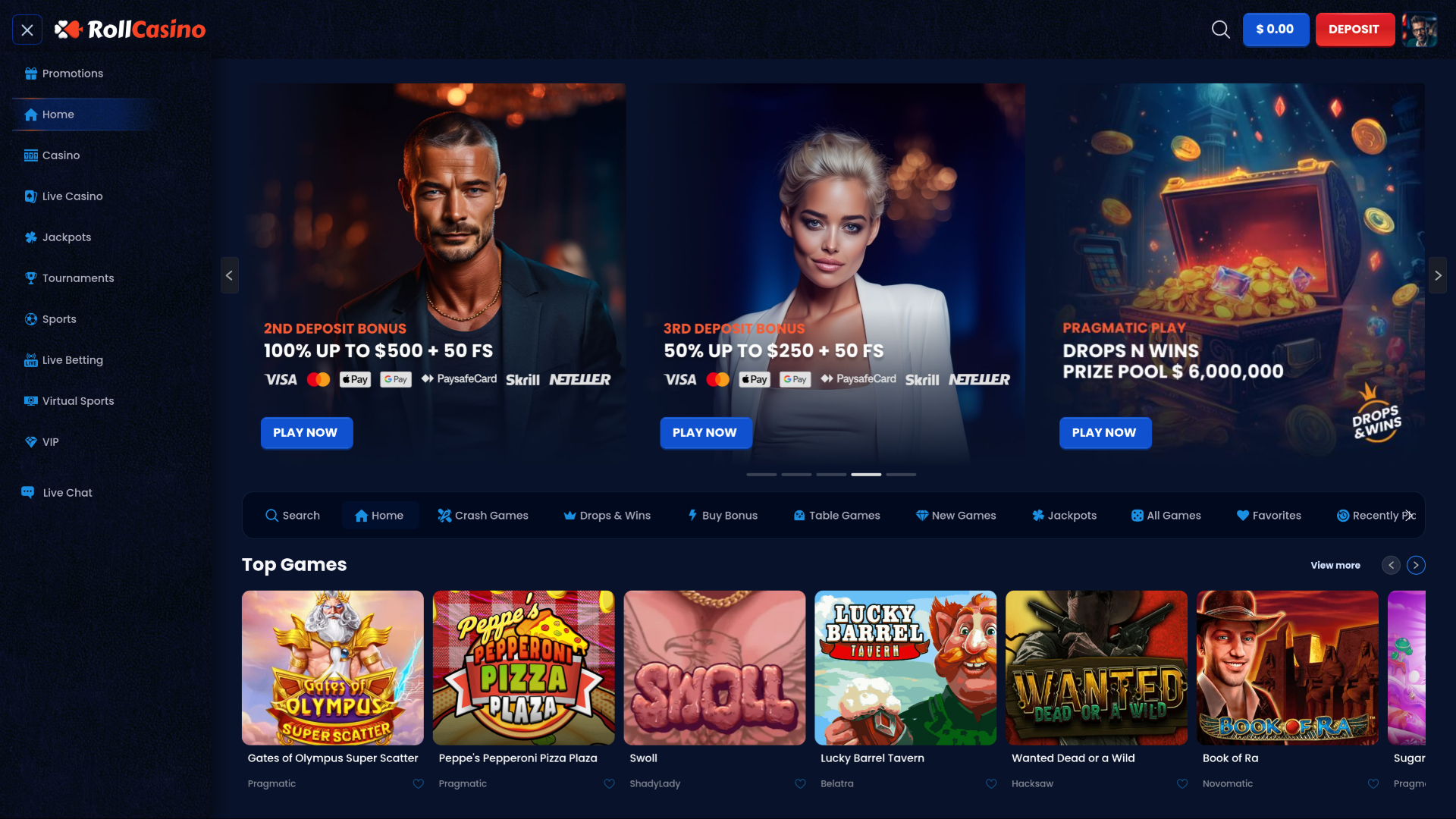 Главная страница RollCasino для настольных компьютеров