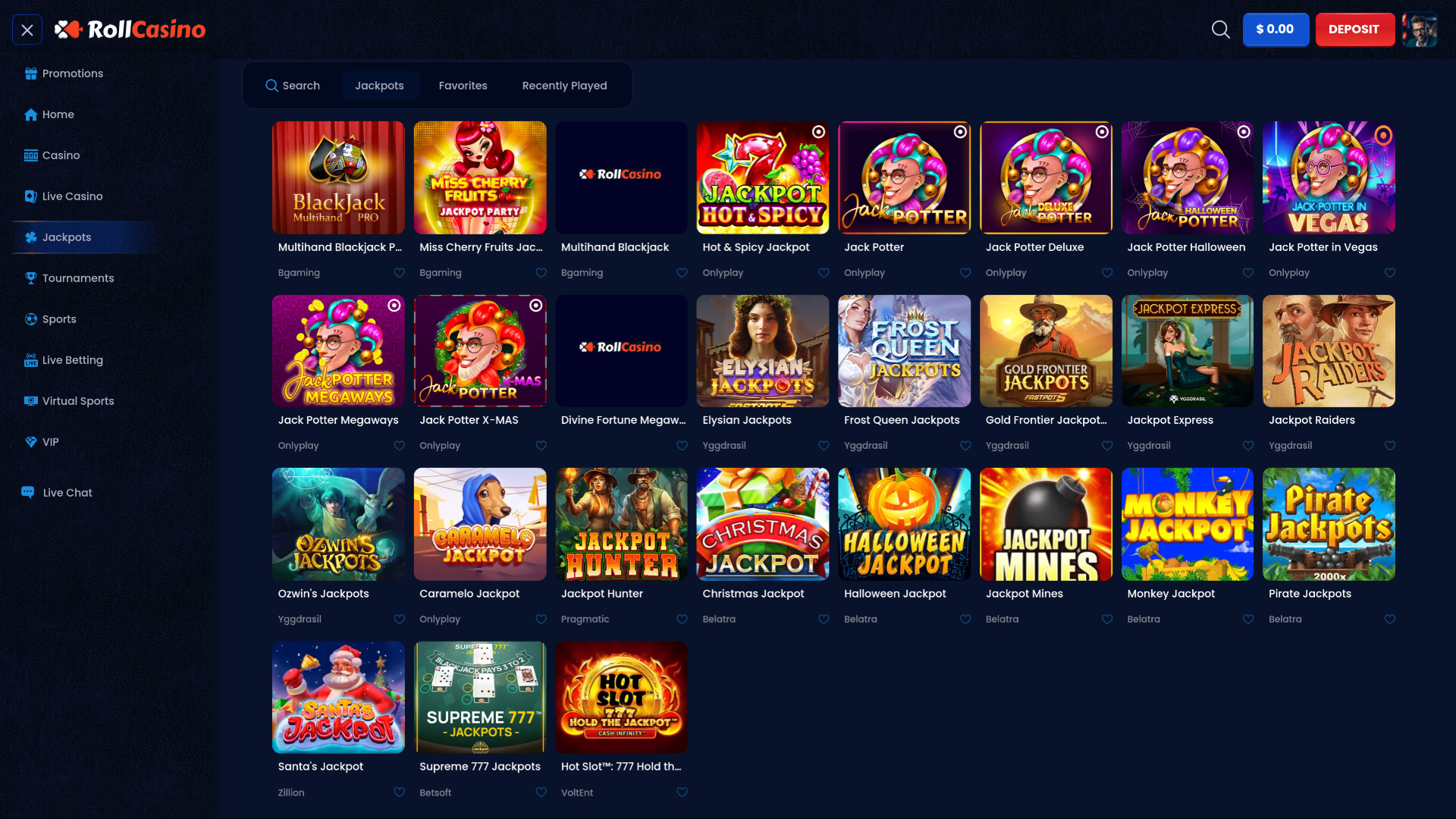 Джекпот RollCasino для настольных компьютеров