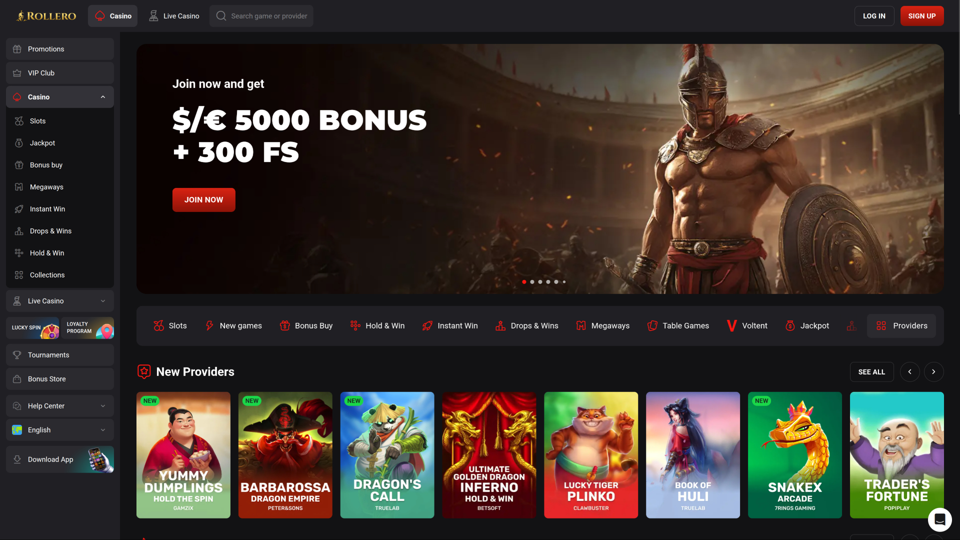 Rollero Casino Desktop Homepage