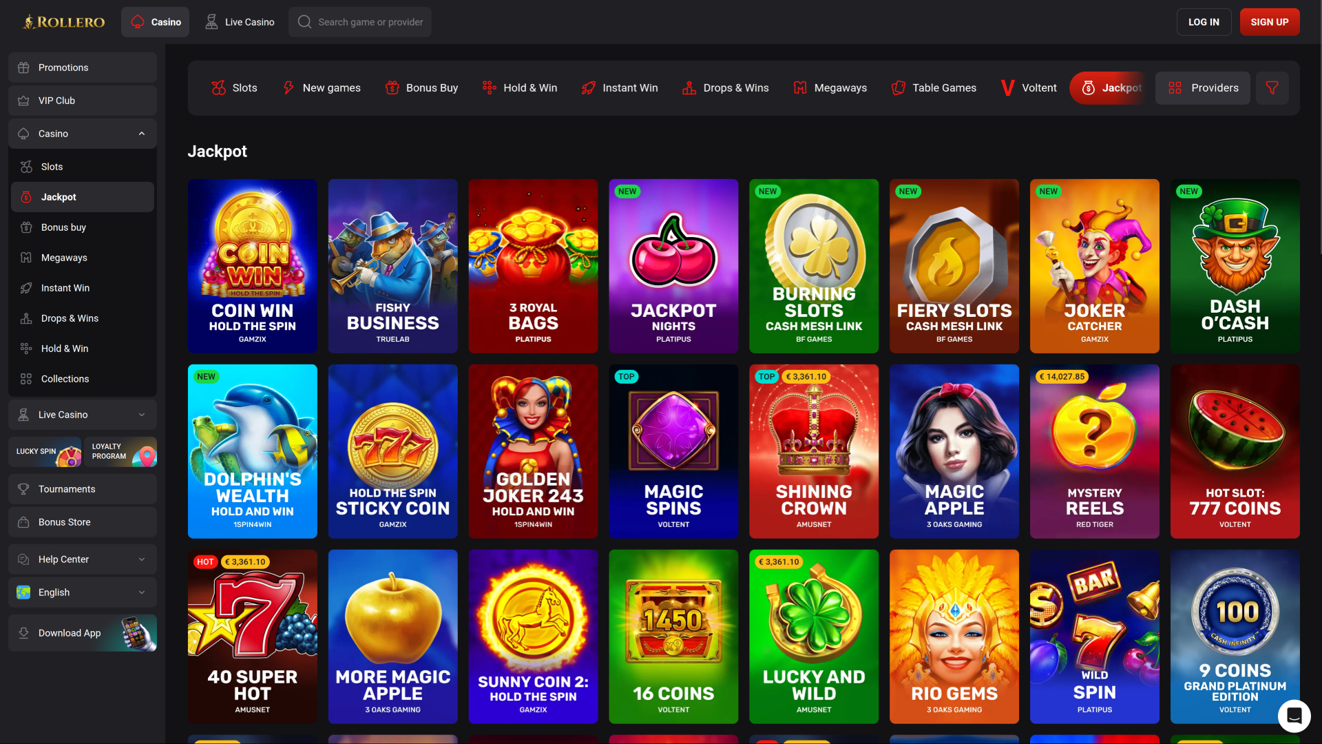 Rollero Casino Desktop jackpot