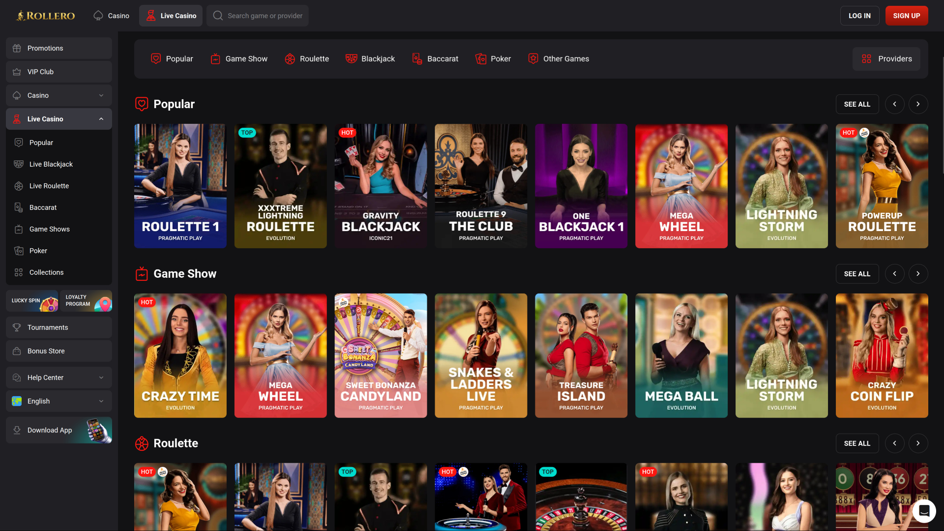 Rollero Casino Desktop Live Dealer