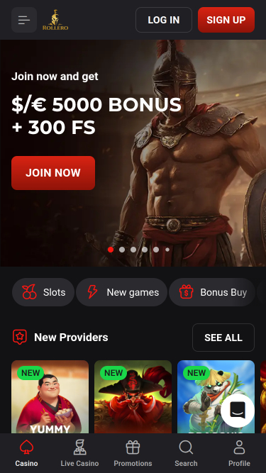 Rollero Casino Mobile Homepage