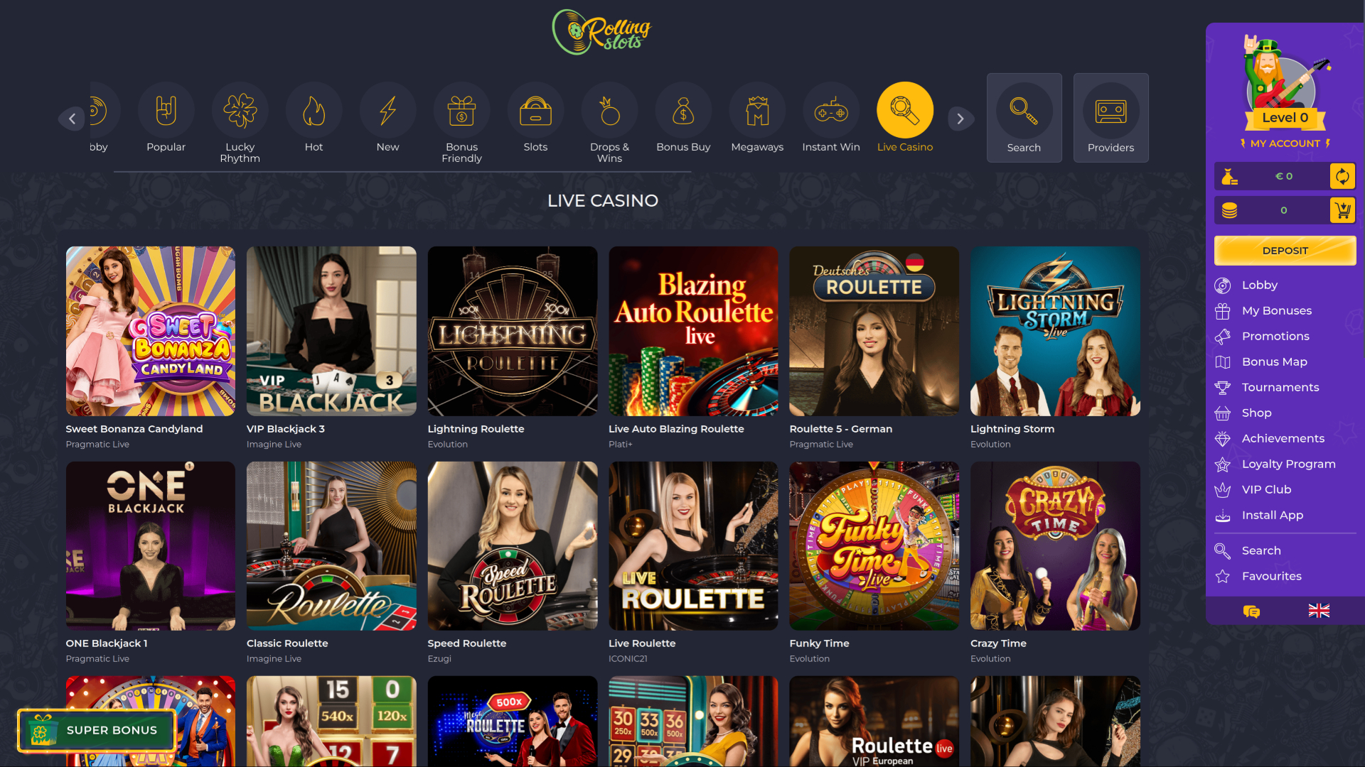 RollingSlots Casino Desktop с живыми дилерами
