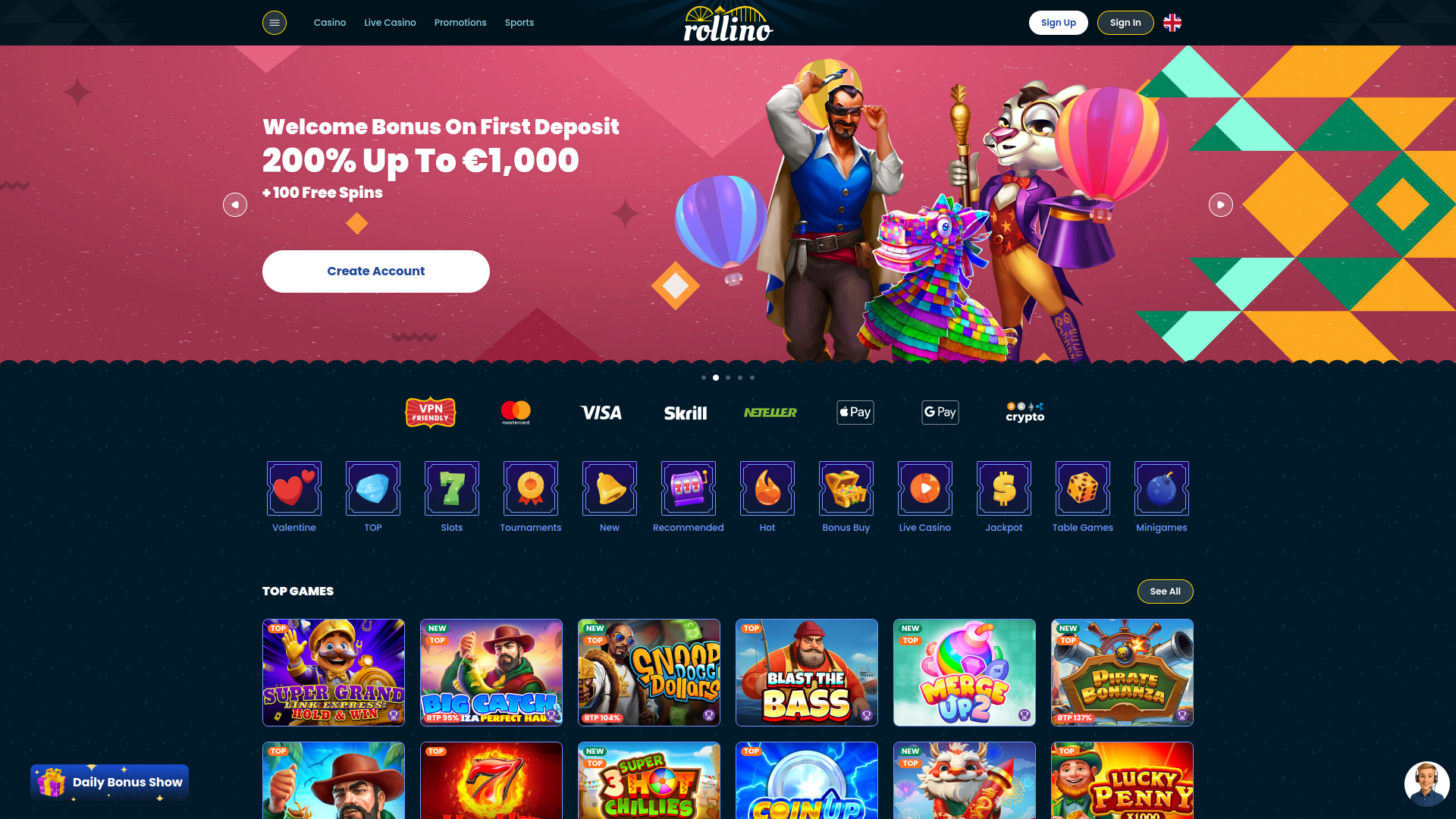 Rollino Casino Desktop Homepage