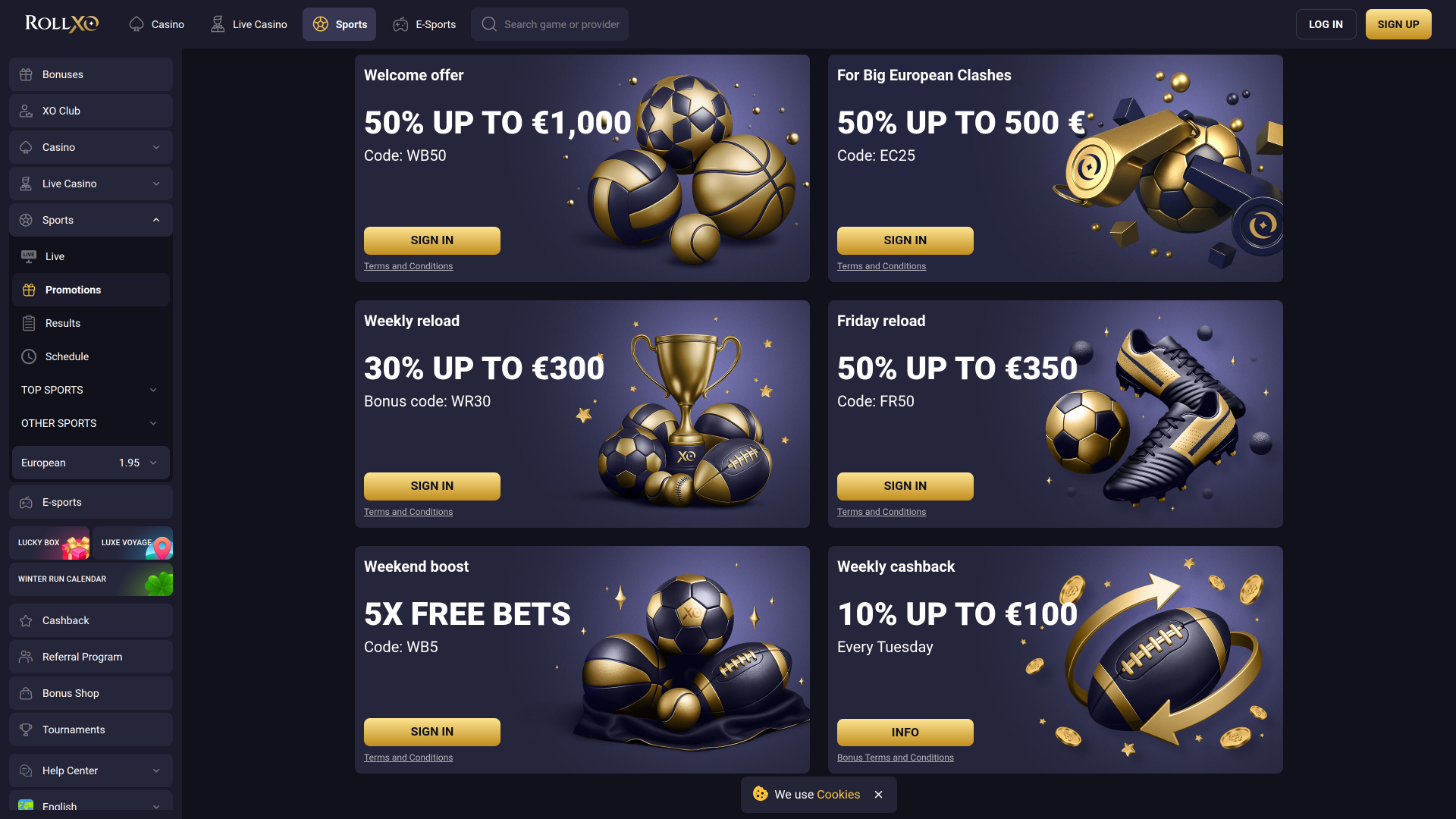 Rollxo Casino Desktop-Aktionen