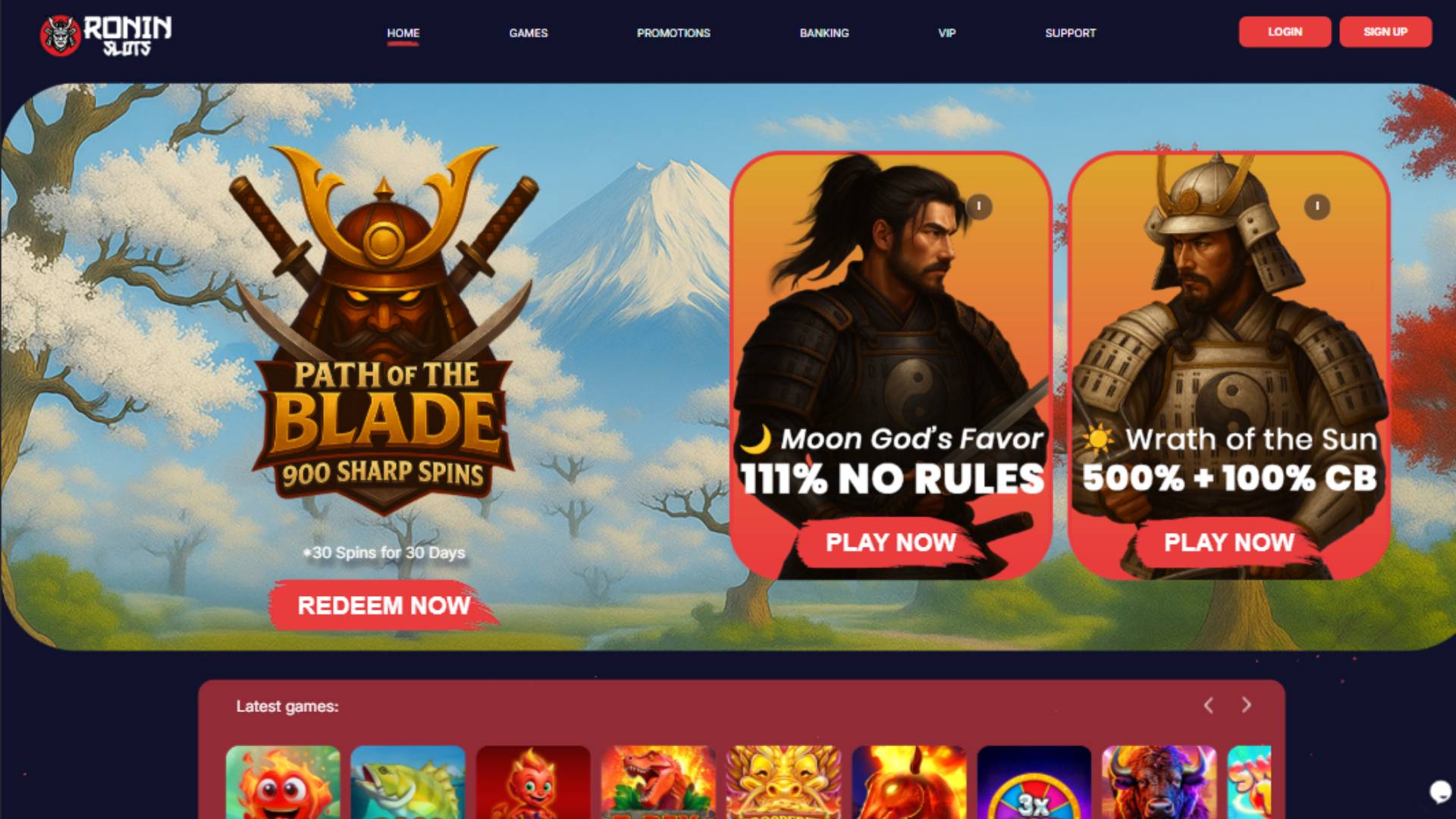 Screenshot der Homepage des RoninSlots Casinos