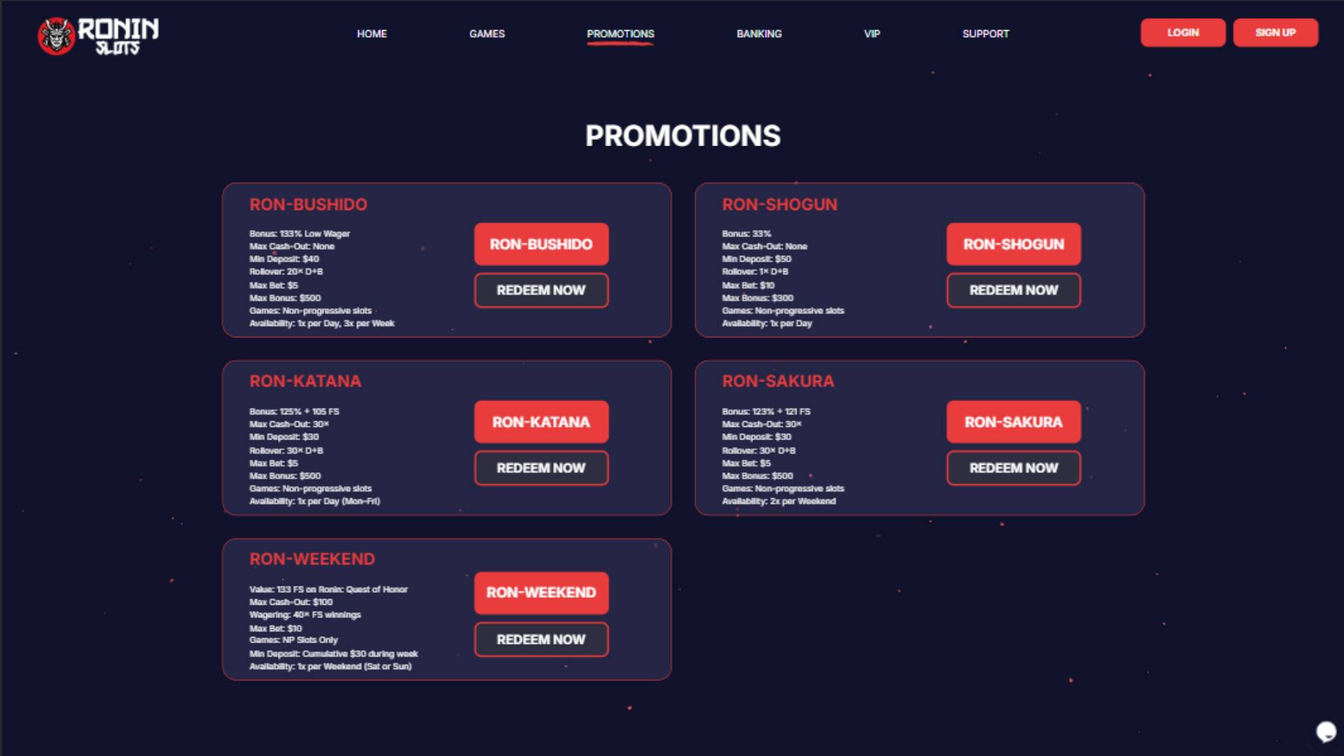 Screenshot der Aktionsseite von RoninSlots Casino