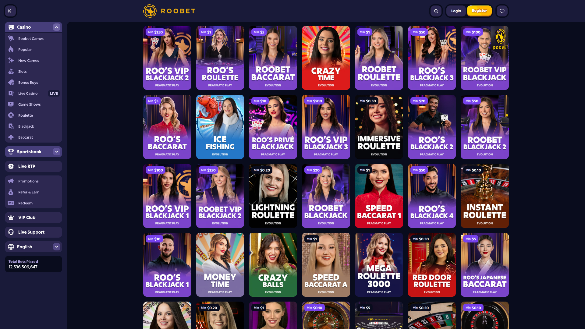 Casino Roobet pour ordinateur avec croupier en direct