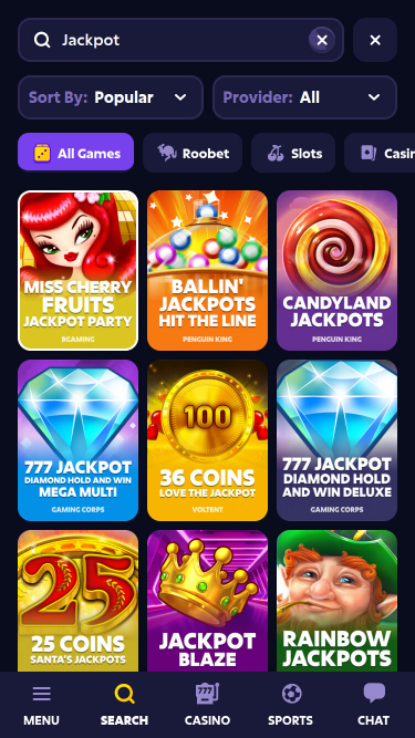 Jackpot mobile du casino Roobet