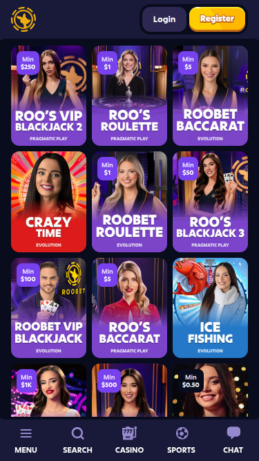 Casino mobile Roobet avec croupier en direct