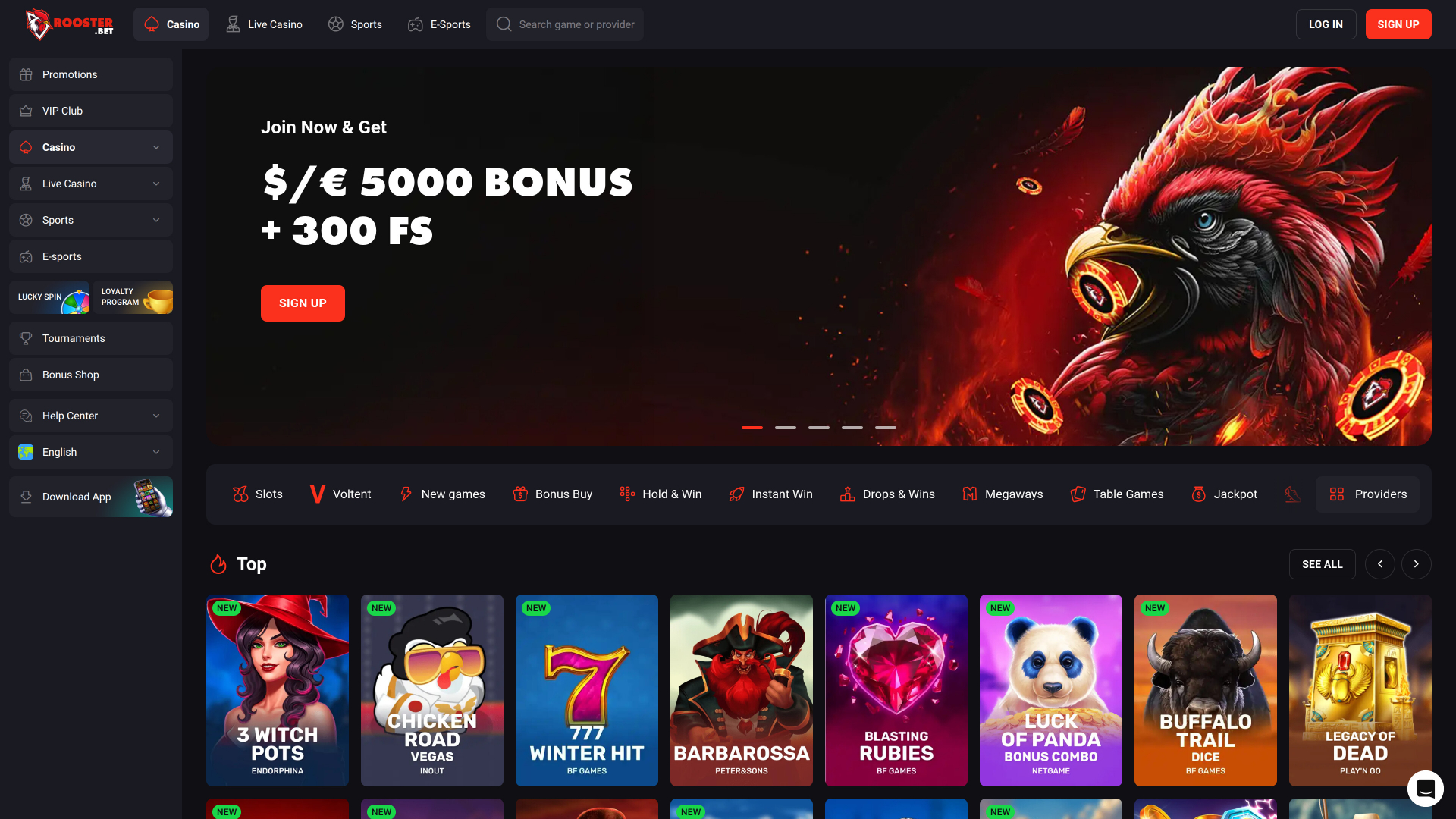 Homepage desktop di Rooster Bet