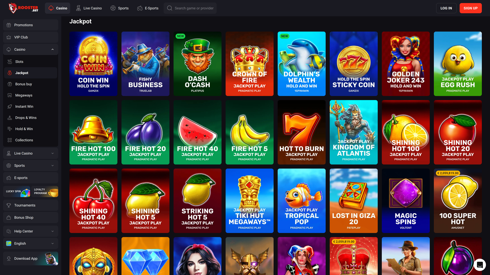 Jackpot desktop di Rooster Bet