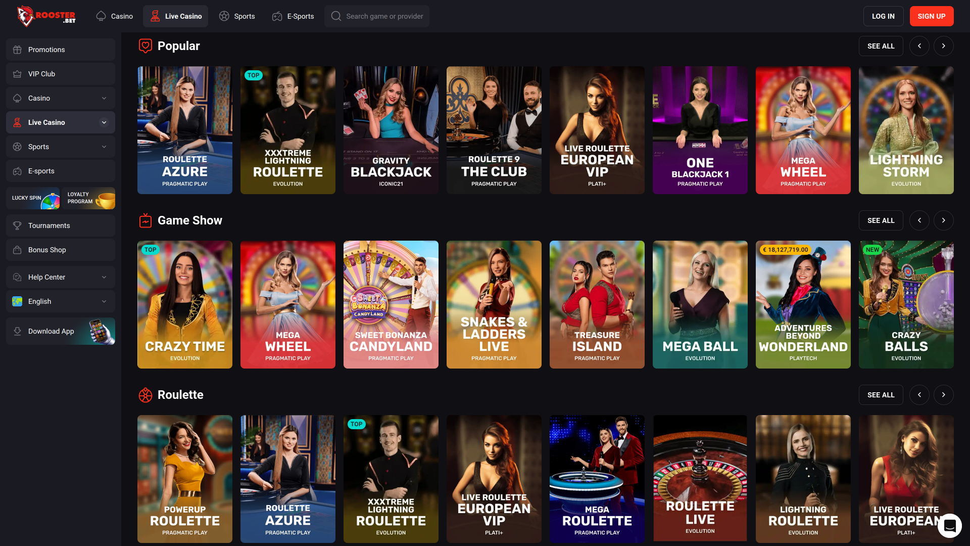 Rooster Bet Desktop Croupier dal Vivo