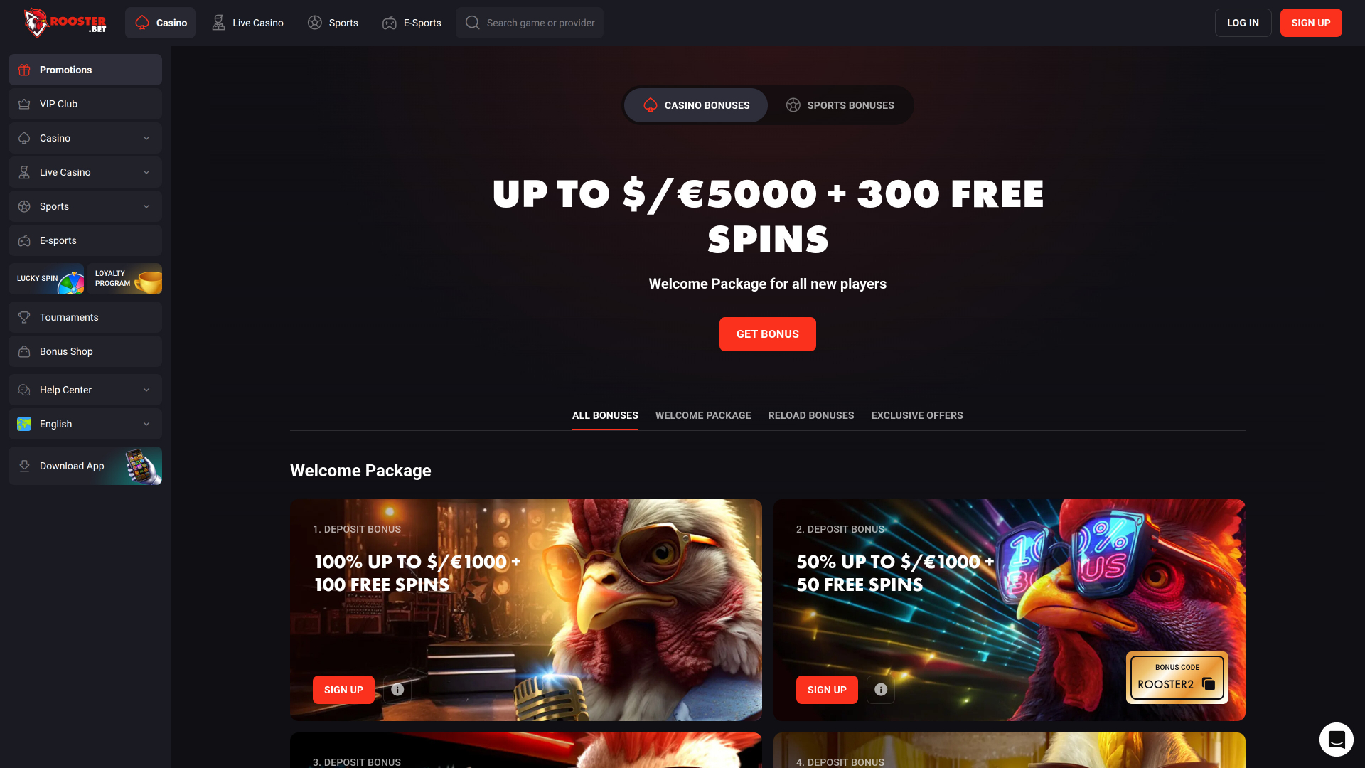 Promozioni desktop di Rooster Bet