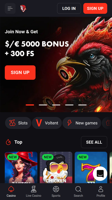 Homepage mobile di Rooster Bet
