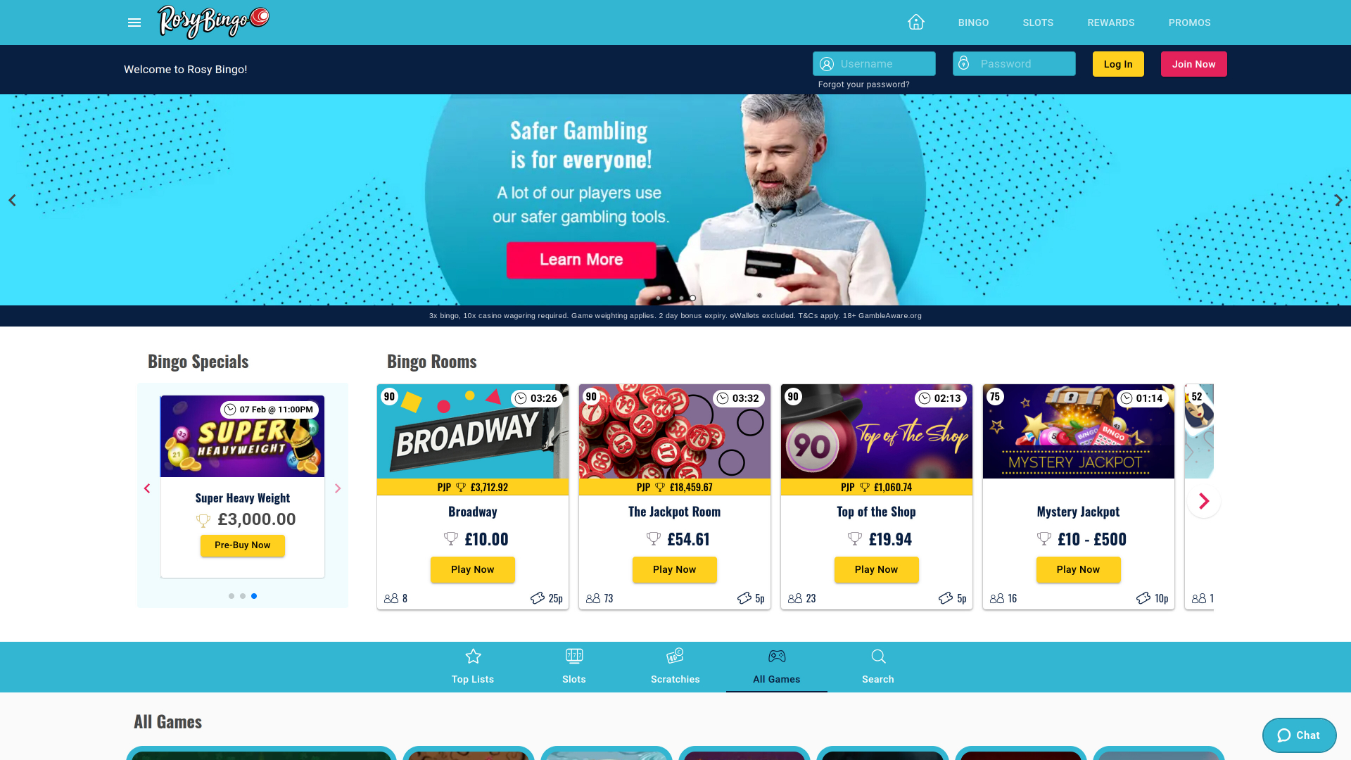 Page d'accueil de Rosy Bingo pour ordinateur