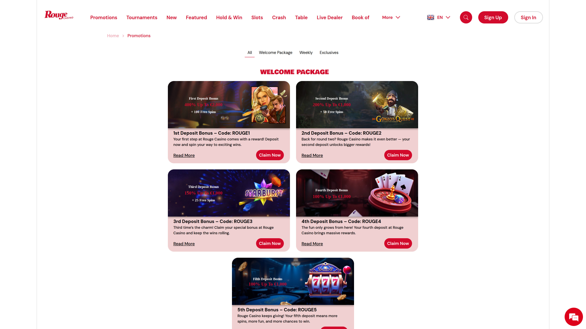 Promotions sur ordinateur de bureau du casino Rouge