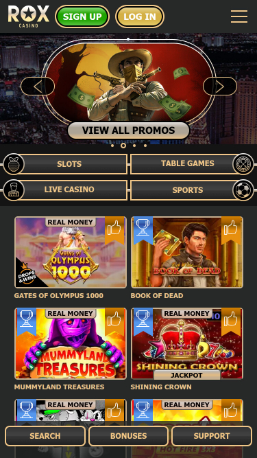 Homepage mobile di Rox Casino