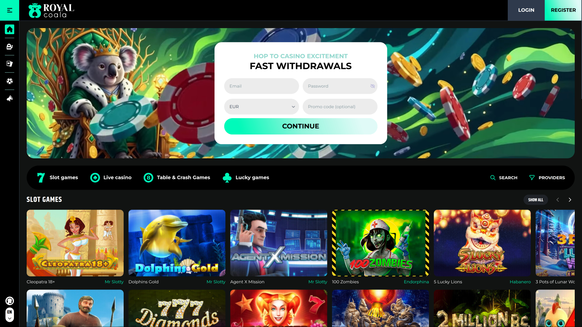 Página de inicio del escritorio del Royal Coala Casino