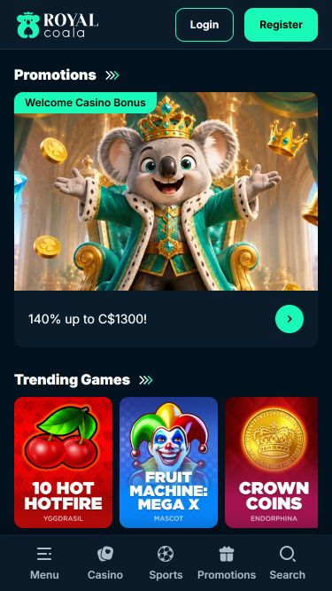 Página de inicio móvil del Royal Coala Casino