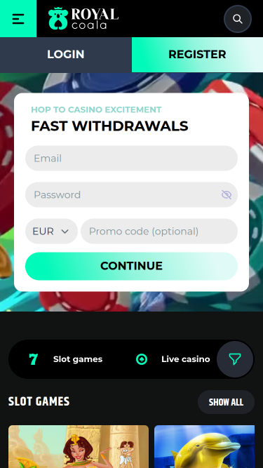 Página de inicio móvil del Royal Coala Casino