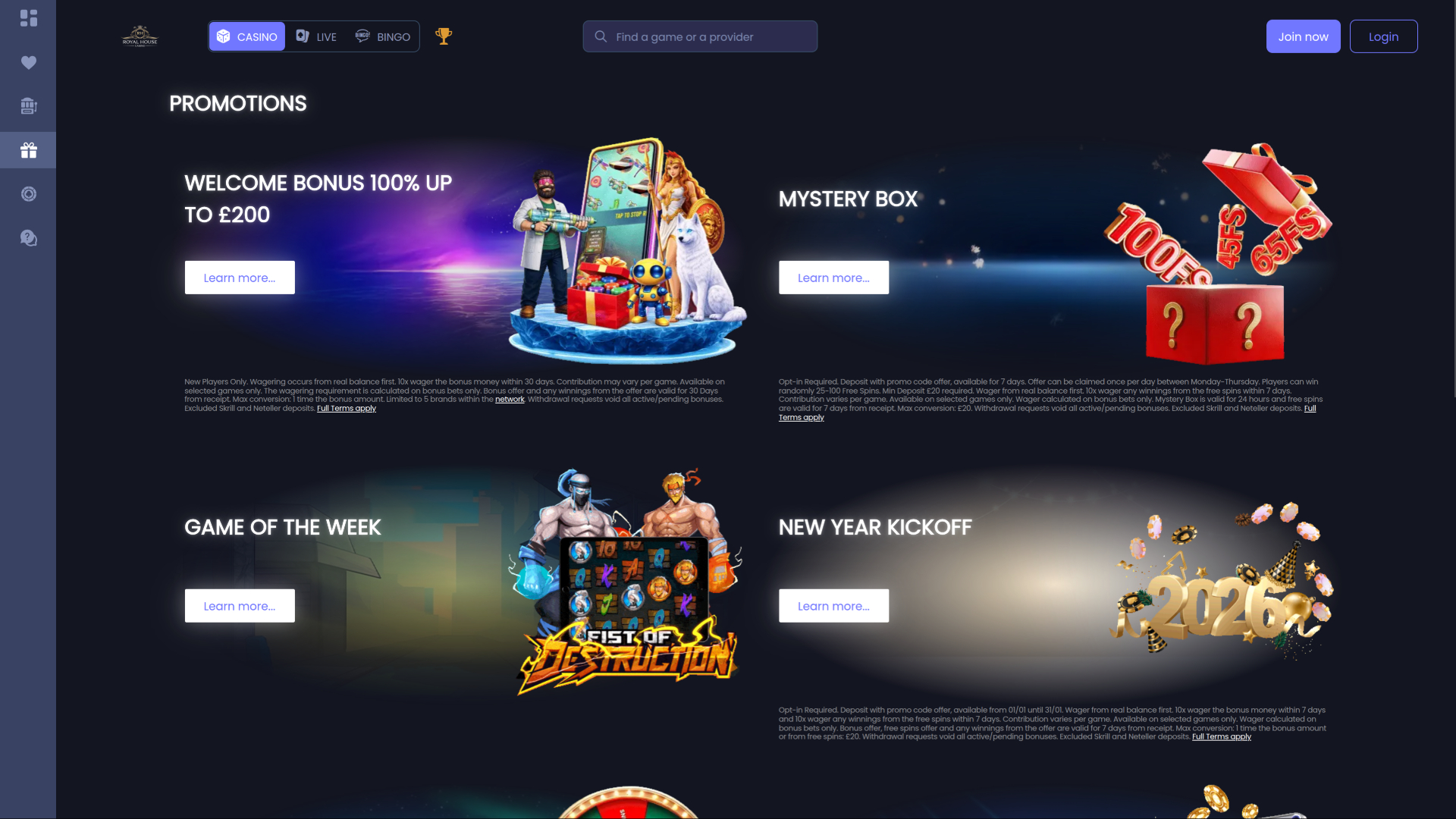Promozioni desktop del Royal House Casino