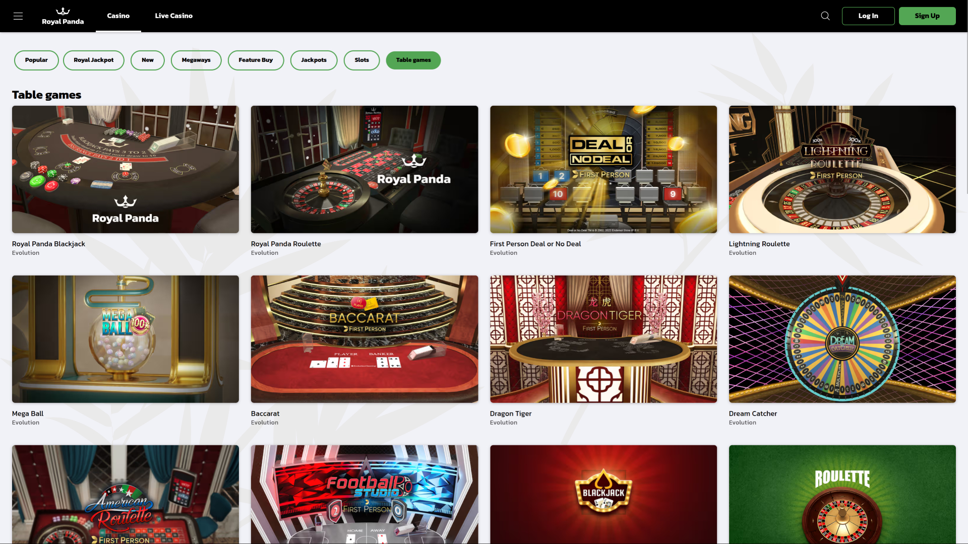 Jeux de table de casino Royal Panda sur ordinateur