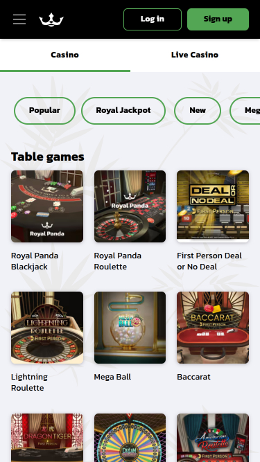 Jeux de table mobiles du casino Royal Panda