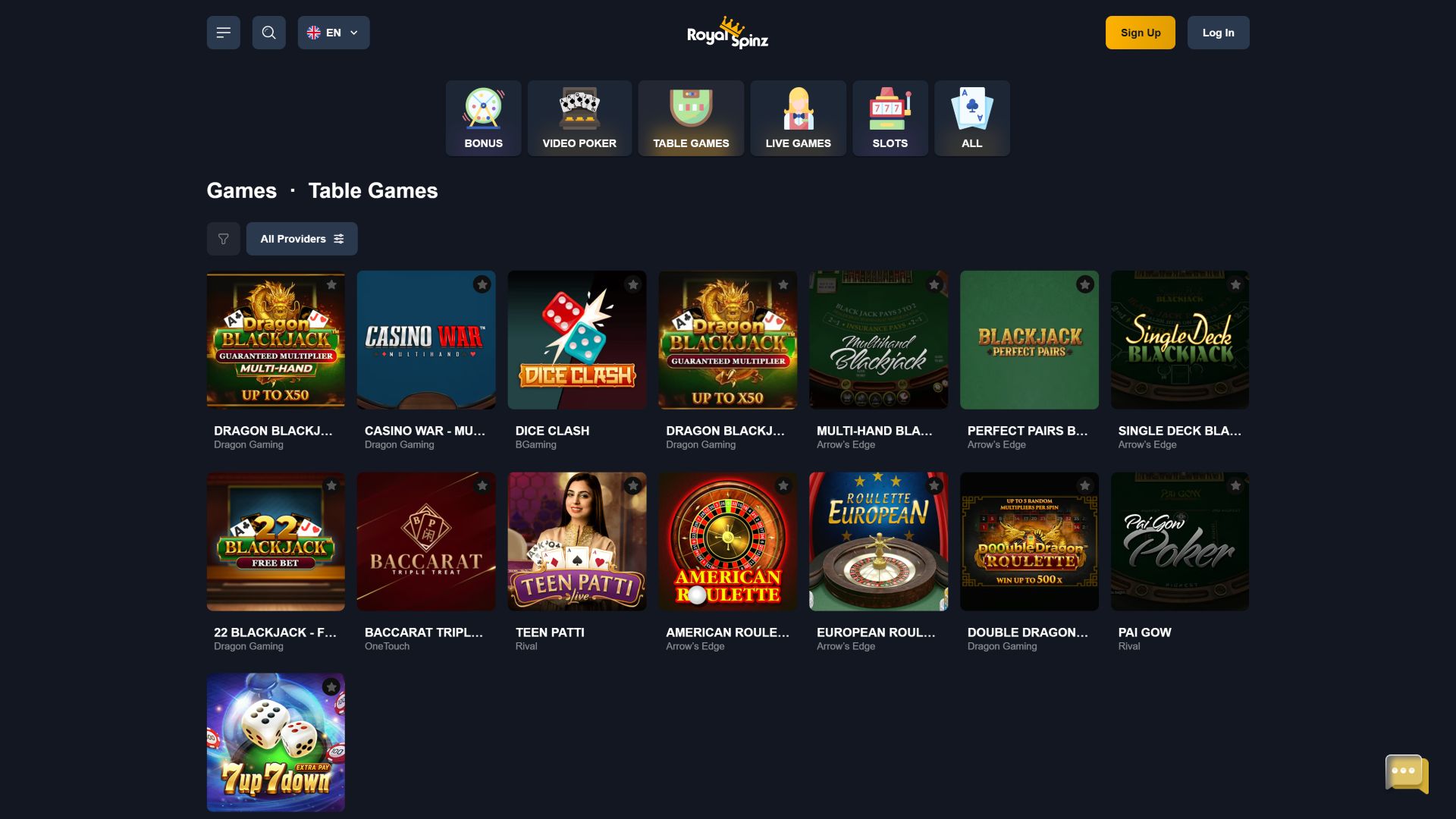 Jogos de mesa para computador do Royal Spinz Casino