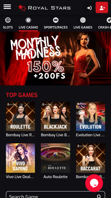 Casino mobile Royal Stars avec croupier en direct