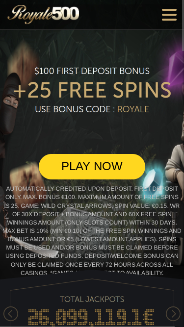 Page d'accueil mobile du casino Royale500