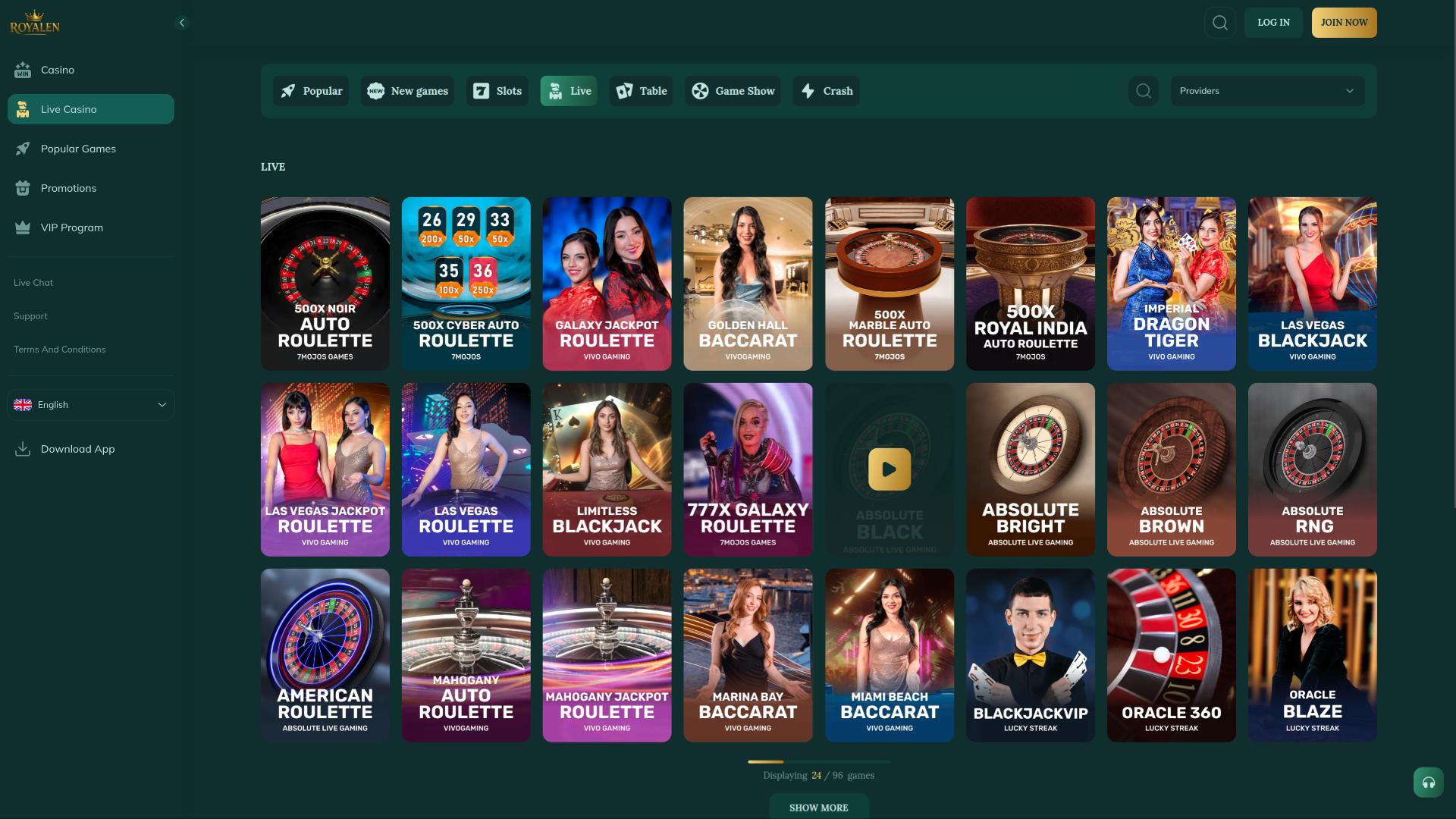 Страница с живым дилером в казино Royalen