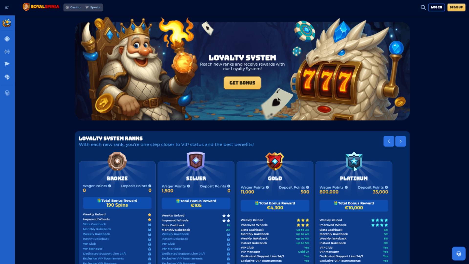 Скриншот страницы программы лояльности казино RoyalSpinia.