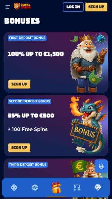 Скриншот мобильной страницы акций казино RoyalSpinia.