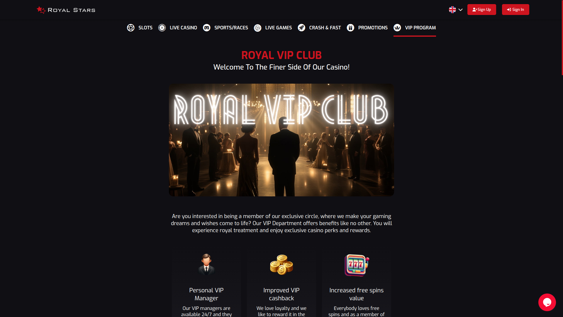 Programme VIP pour ordinateur de bureau du casino Royal Stars