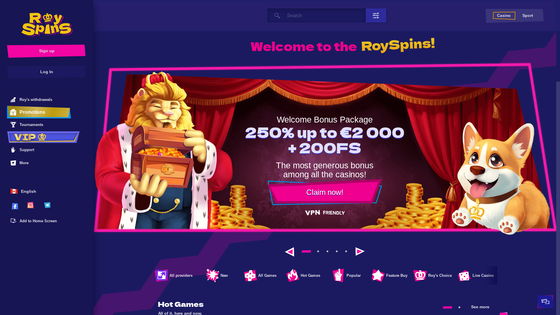 Página de inicio de Royspins Online Casino para escritorio