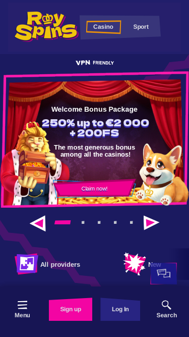 Página de inicio móvil del casino en línea Royspins
