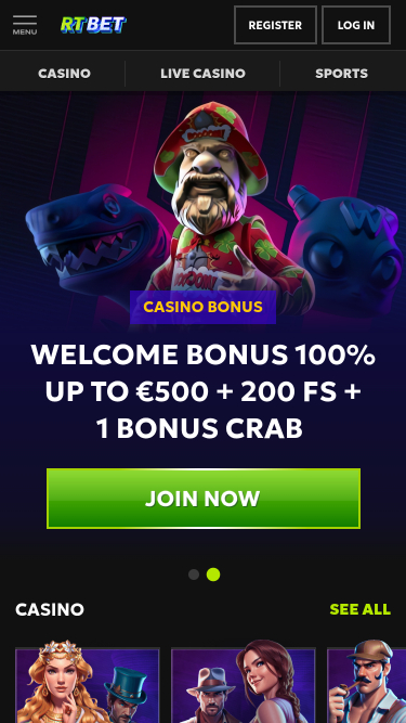 Page d'accueil mobile du casino RTbet