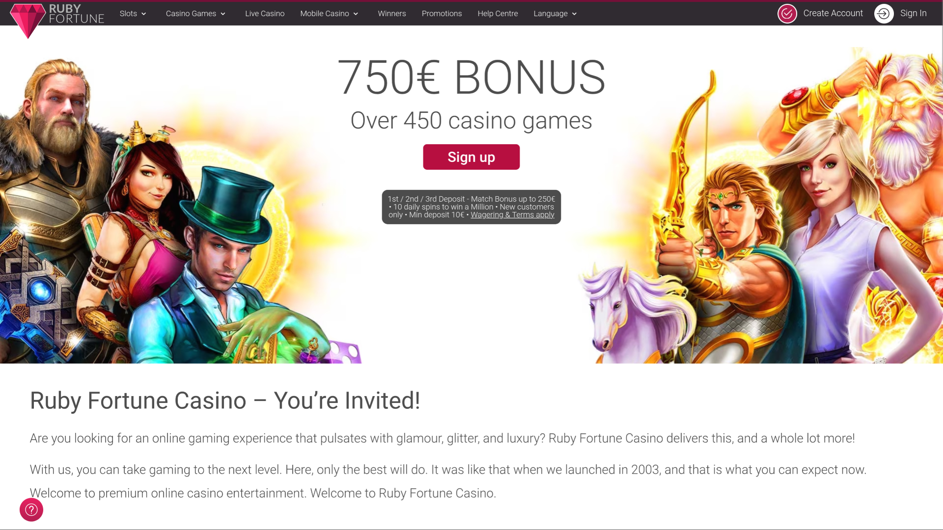 Pagina iniziale desktop del casinò Ruby Fortune