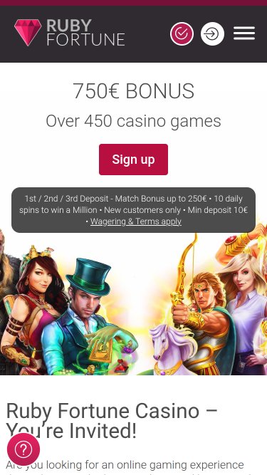 Homepage mobile di Ruby Fortune Casino