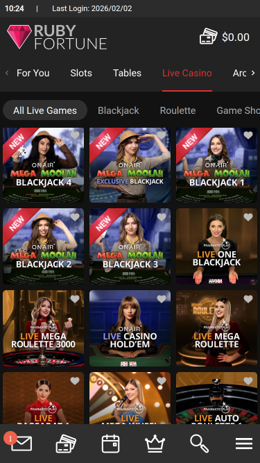 Casinò mobile Ruby Fortune con croupier dal vivo