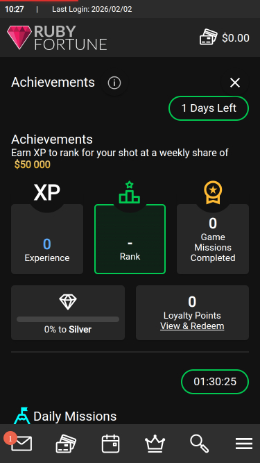 Missioni mobili del casinò Ruby Fortune