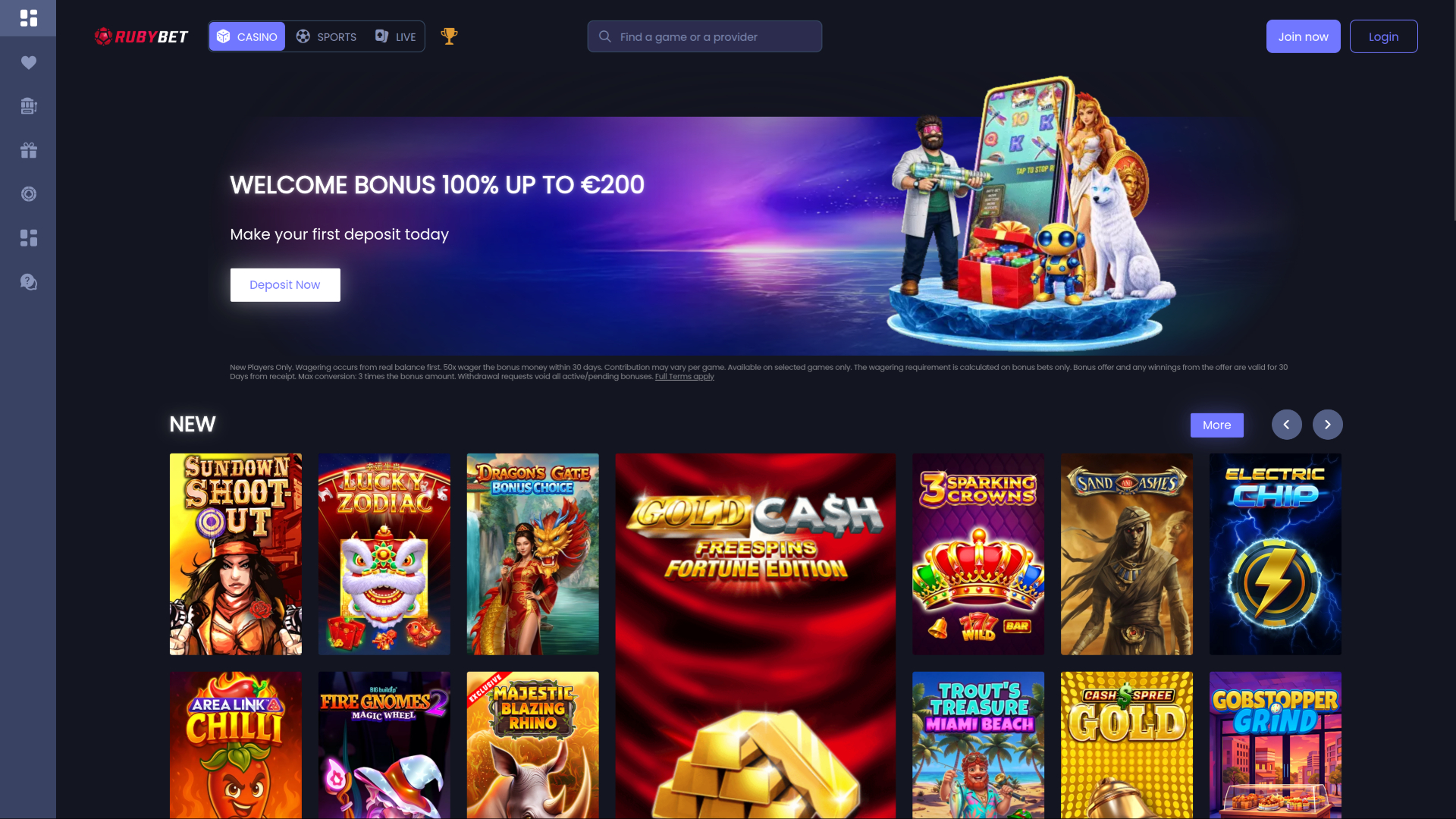Главная страница казино Ruby Bet для настольных компьютеров