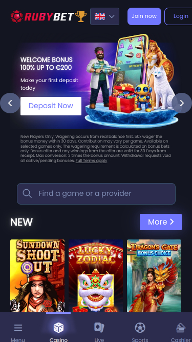 Главная страница мобильного приложения казино Ruby Bet