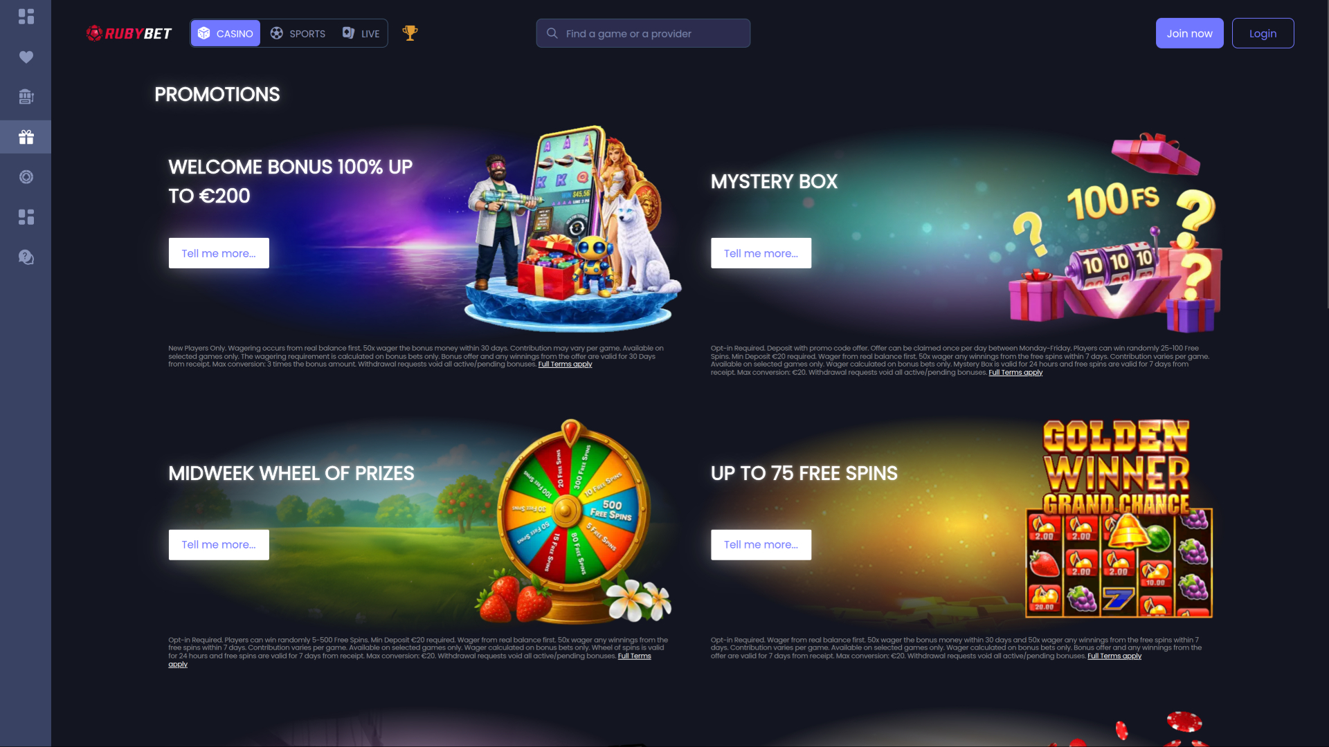 Акции казино Ruby Bet для настольных компьютеров