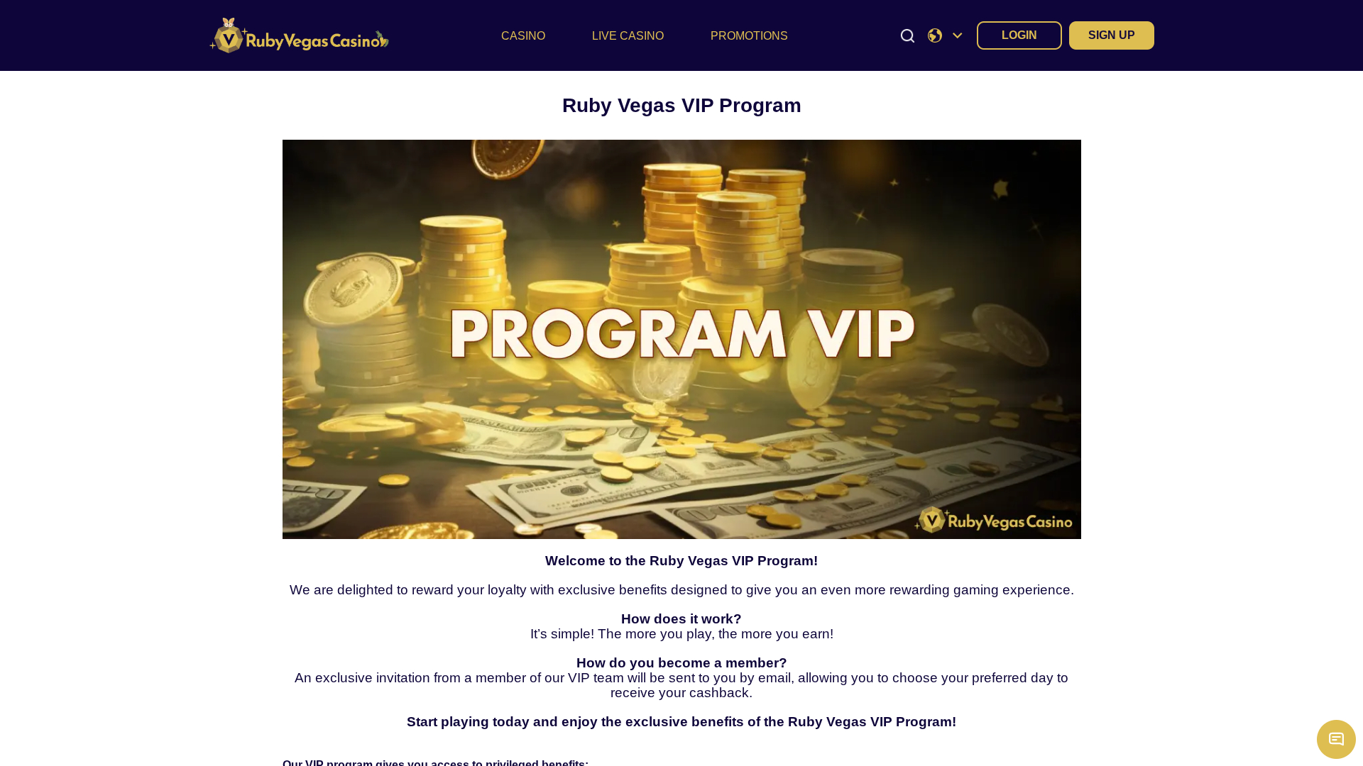 VIP-программа казино Ruby Vegas для настольных компьютеров