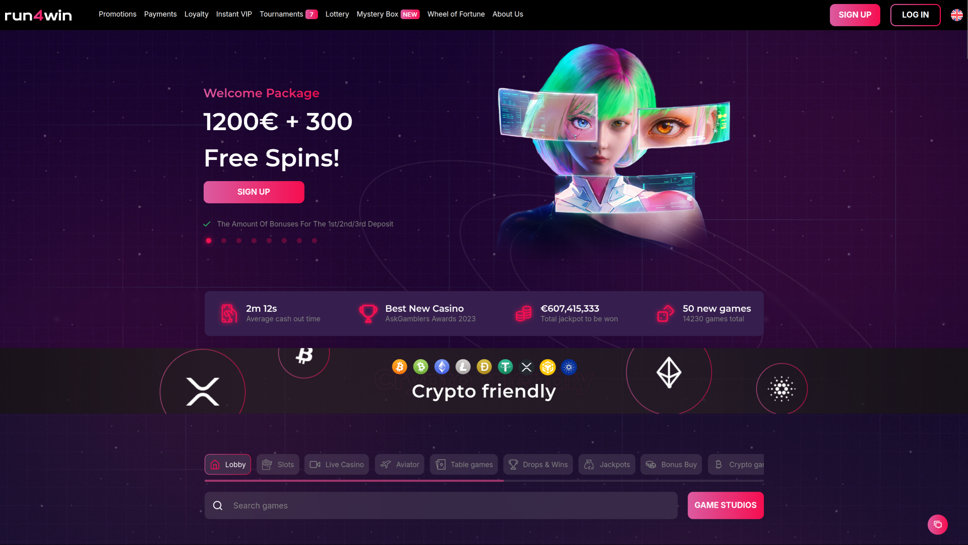 Главная страница казино Run4Win для настольных компьютеров