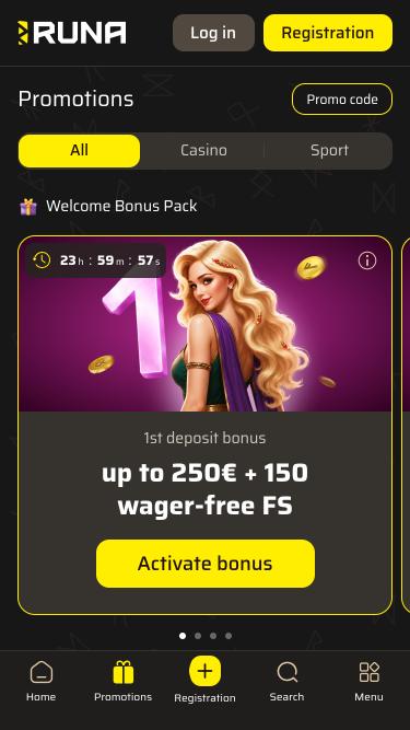 Runa Casino-Aktionsseite (Mobil)