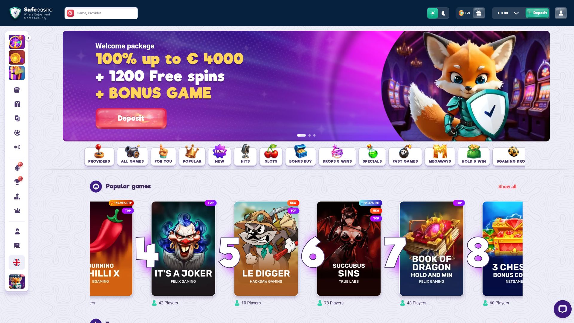 Pagina iniziale di SafeCasino per desktop